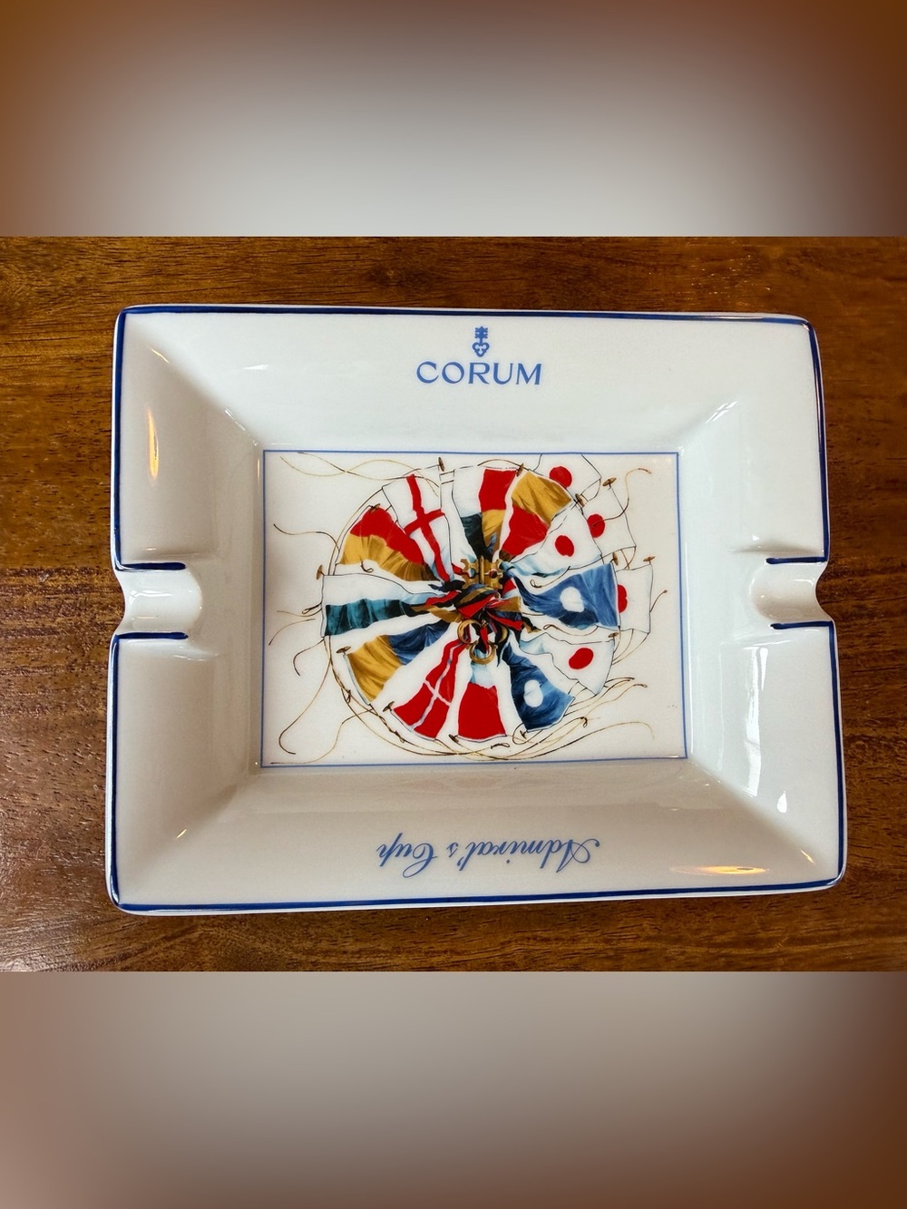 Corum White Porcelain Decorative Ashtray with Nautical Flag Motif